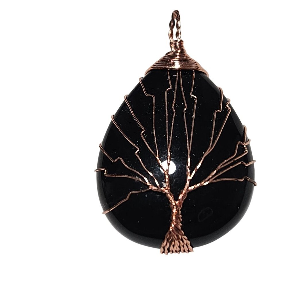 Handmade Black Teardrop Pendant Copper Wire Tree Of Life Design Elegant Jewelry